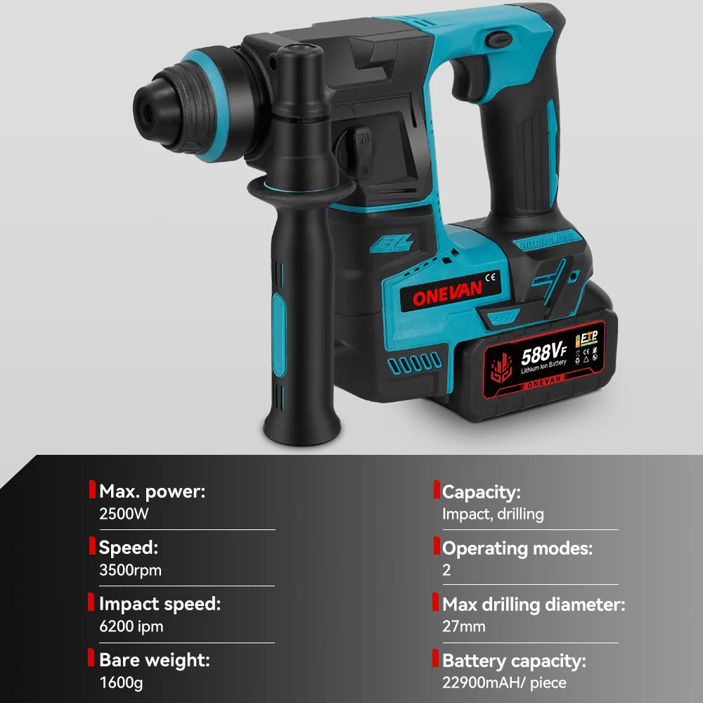 ONEVAN Brushless Electric Hammer Impact Drill 27mm Cordless 6200IPM 360° Rotary Hammer Power Tool For Makita 18V Battery Pin