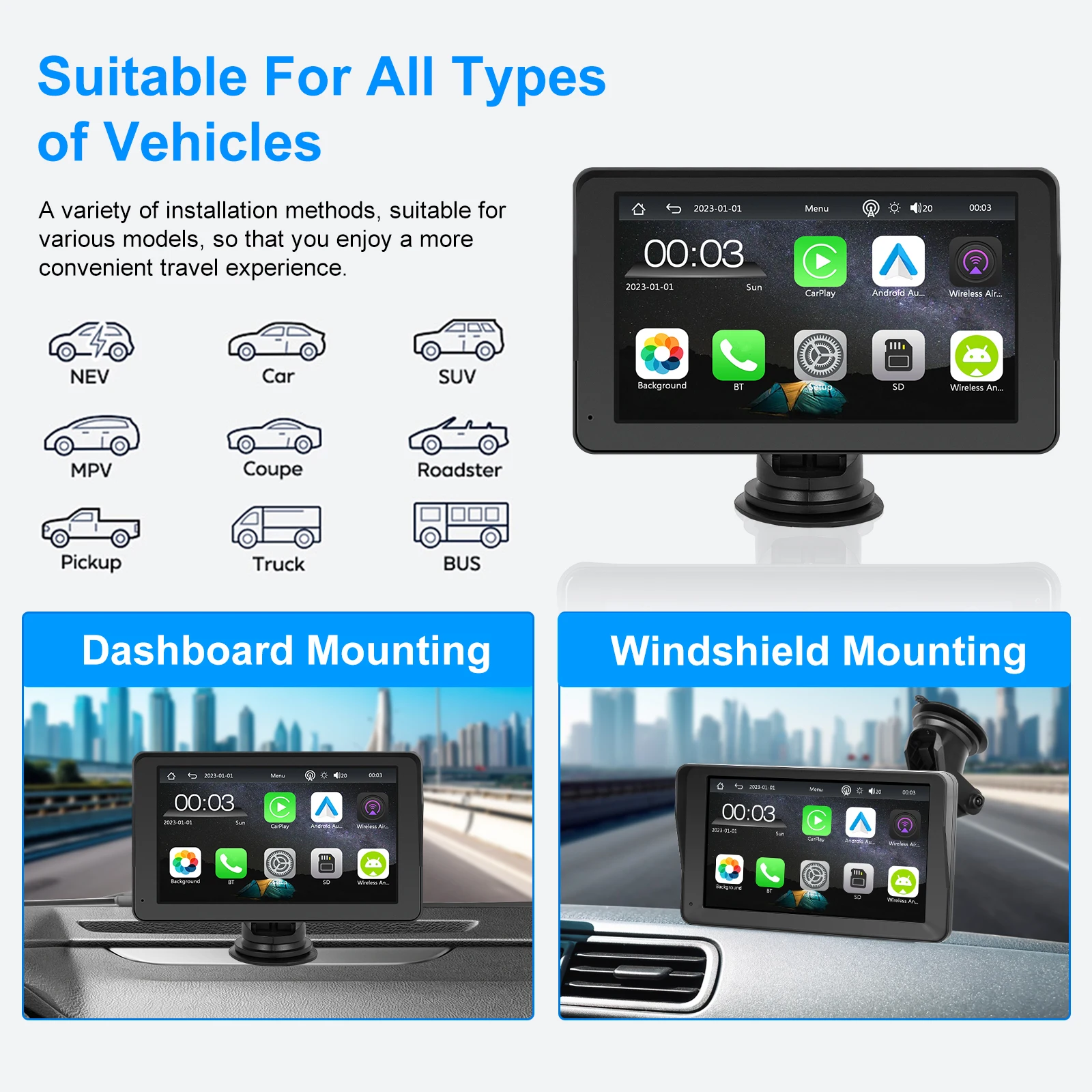 Podofo 7 Inch CarPlay Android Auto Portable Smart Player AirPlay Autolink Support CVBS Camera Car Video Player BT FM