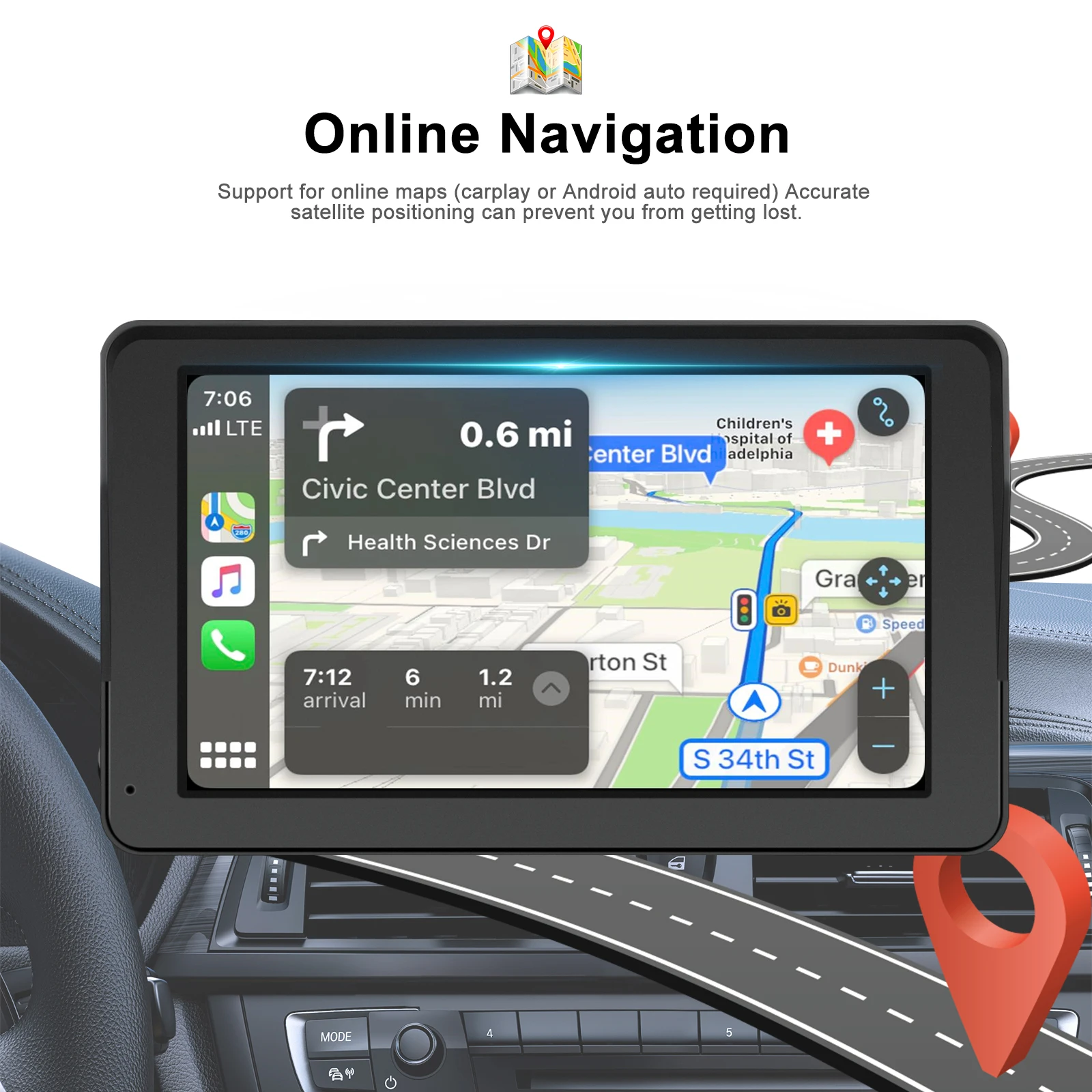 Podofo 7 Inch CarPlay Android Auto Portable Smart Player AirPlay Autolink Support CVBS Camera Car Video Player BT FM