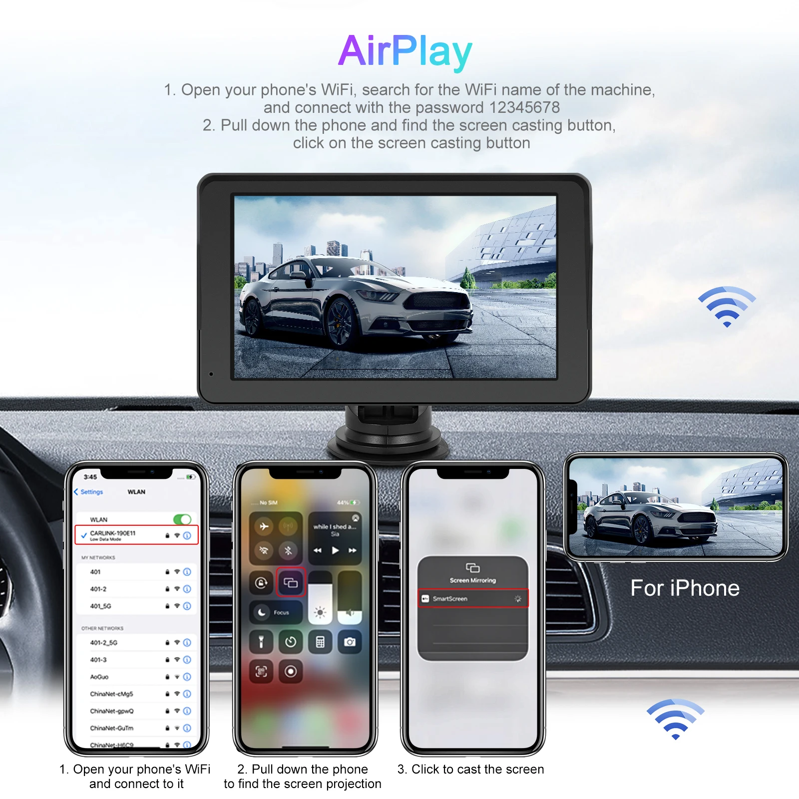 Podofo 7 Inch CarPlay Android Auto Portable Smart Player AirPlay Autolink Support CVBS Camera Car Video Player BT FM
