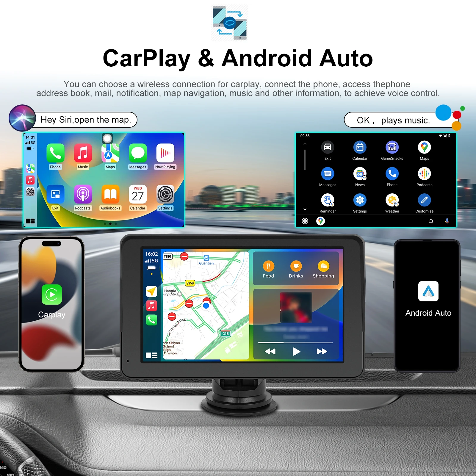 Podofo 7 Inch CarPlay Android Auto Portable Smart Player AirPlay Autolink Support CVBS Camera Car Video Player BT FM