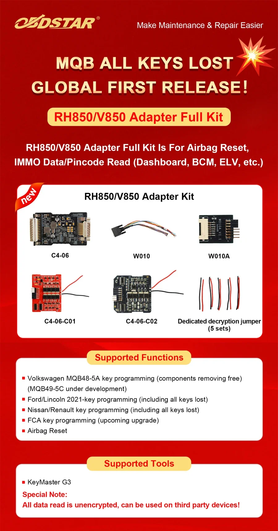 OBDSTAR MQB All Keys Lost RH850/V850 Adapter for Airbag Reset, IMMO Data/Pincode Read, Dashboard, BCM, ELV