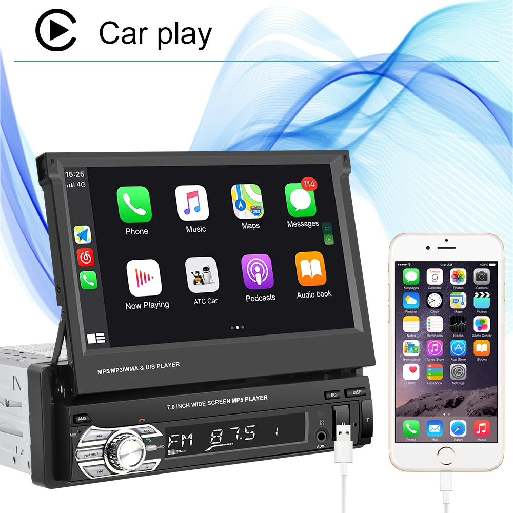 Podofo Carplay Android Auto Car MP5 Player 7 Inch 1Din Manually Retractable Car Radio Multimedia MP5 Player FM BT USB Autoradio