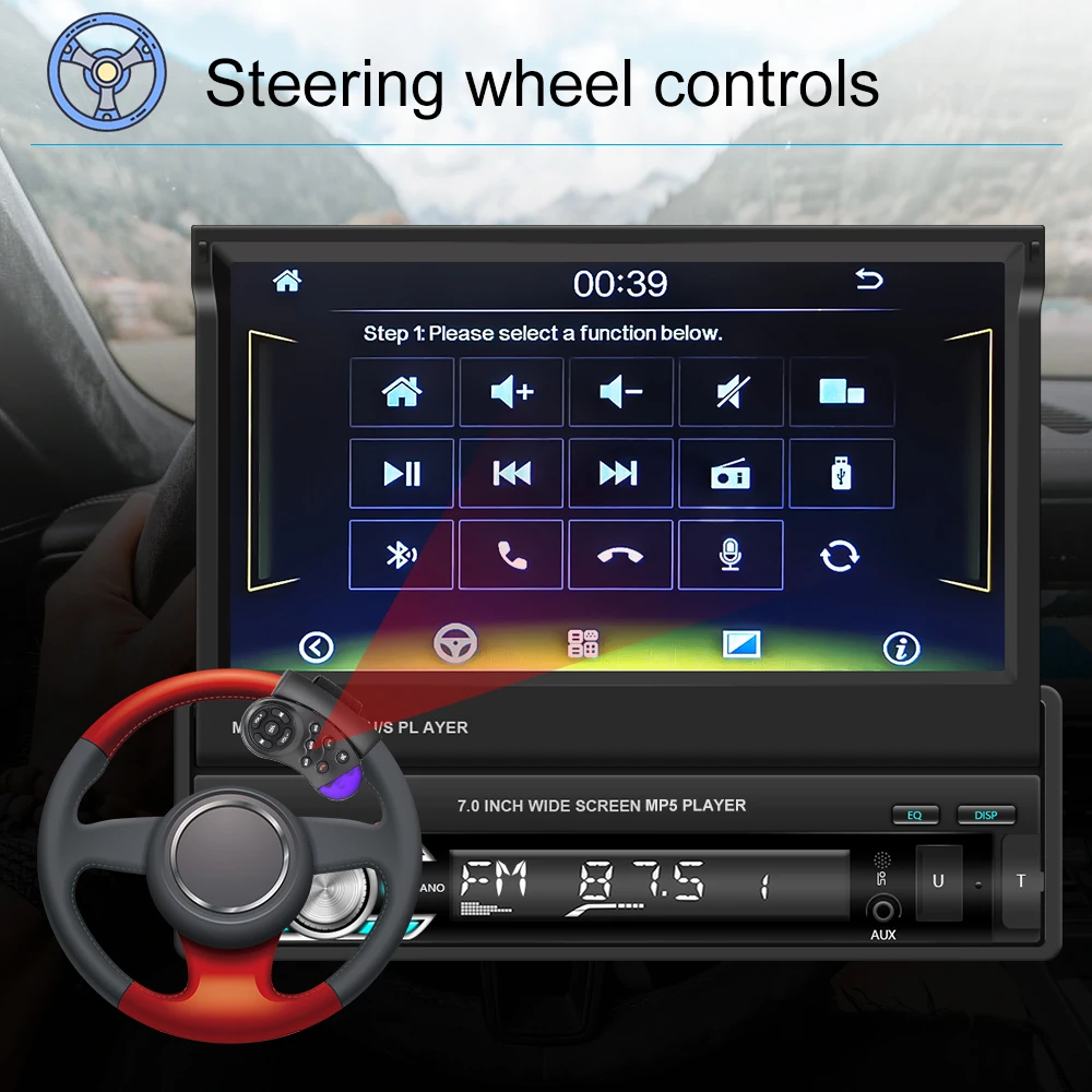 Podofo Carplay Android Auto Car MP5 Player 7 Inch 1Din Manually Retractable Car Radio Multimedia MP5 Player FM BT USB Autoradio