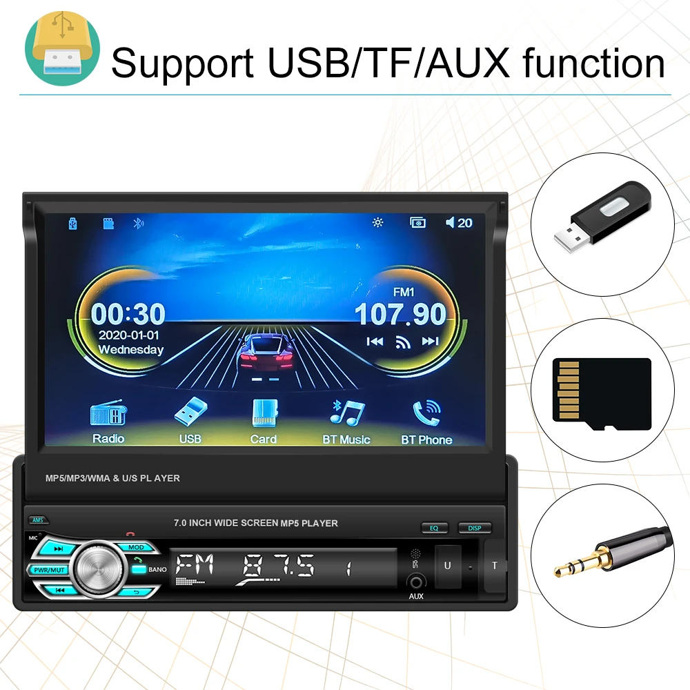 Podofo Carplay Android Auto Car MP5 Player 7 Inch 1Din Manually Retractable Car Radio Multimedia MP5 Player FM BT USB Autoradio