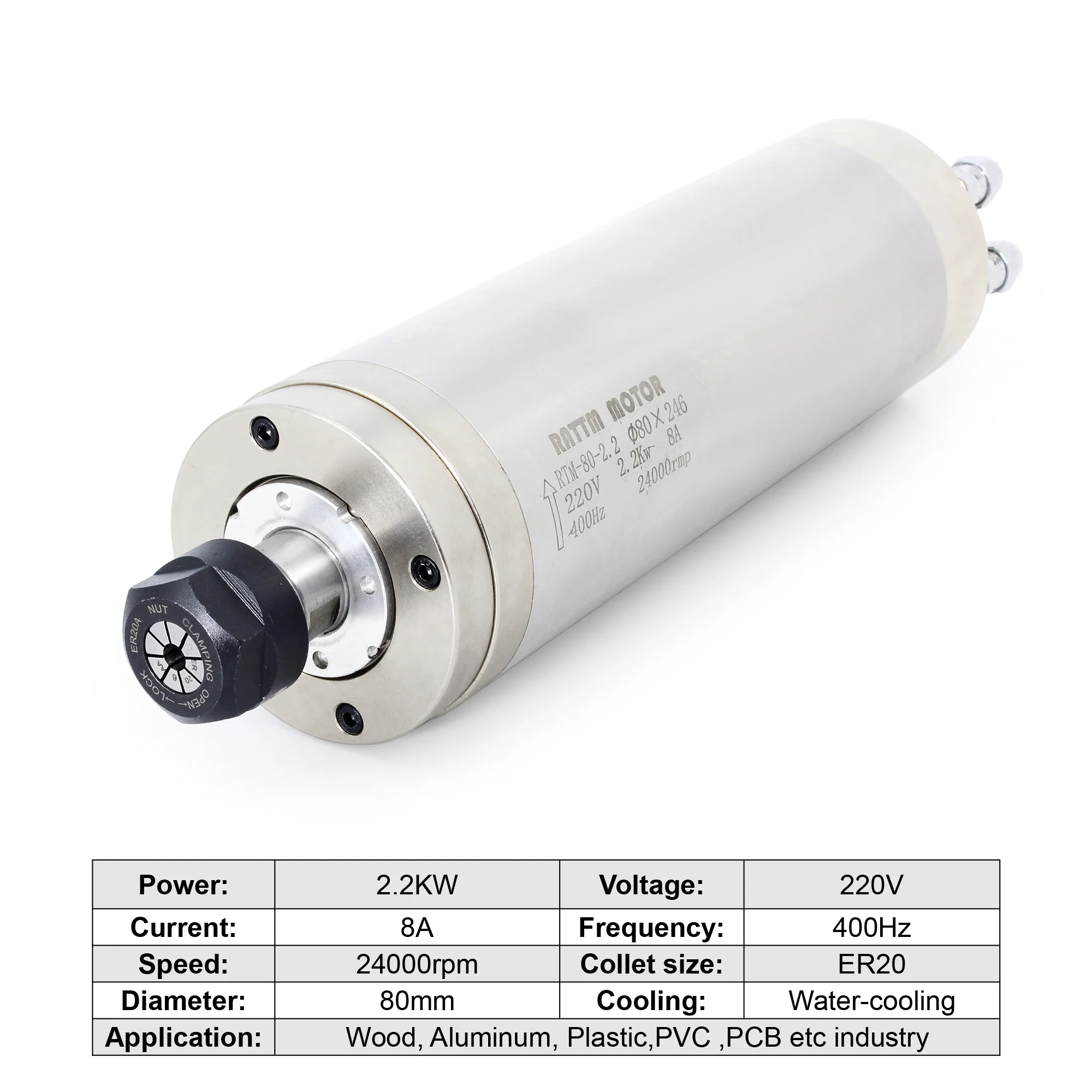 RTM-80-2.2 80*246mm 2.2KW ER20 Water Cooled Cooling Spindle Motor CNC Router Milling Kit +Frequency Converter