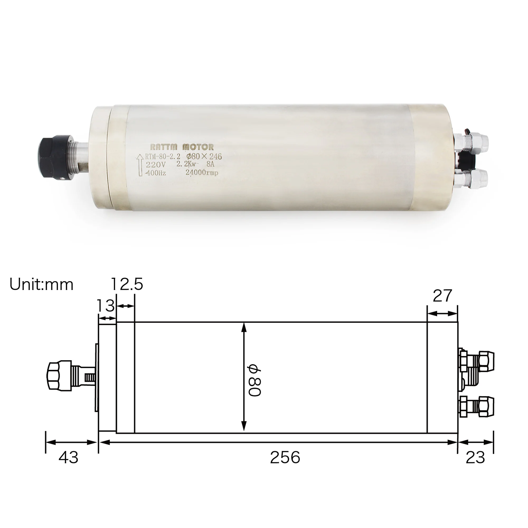 RTM-80-2.2 80*246mm 2.2KW ER20 Water Cooled Cooling Spindle Motor CNC Router Milling Kit +Frequency Converter