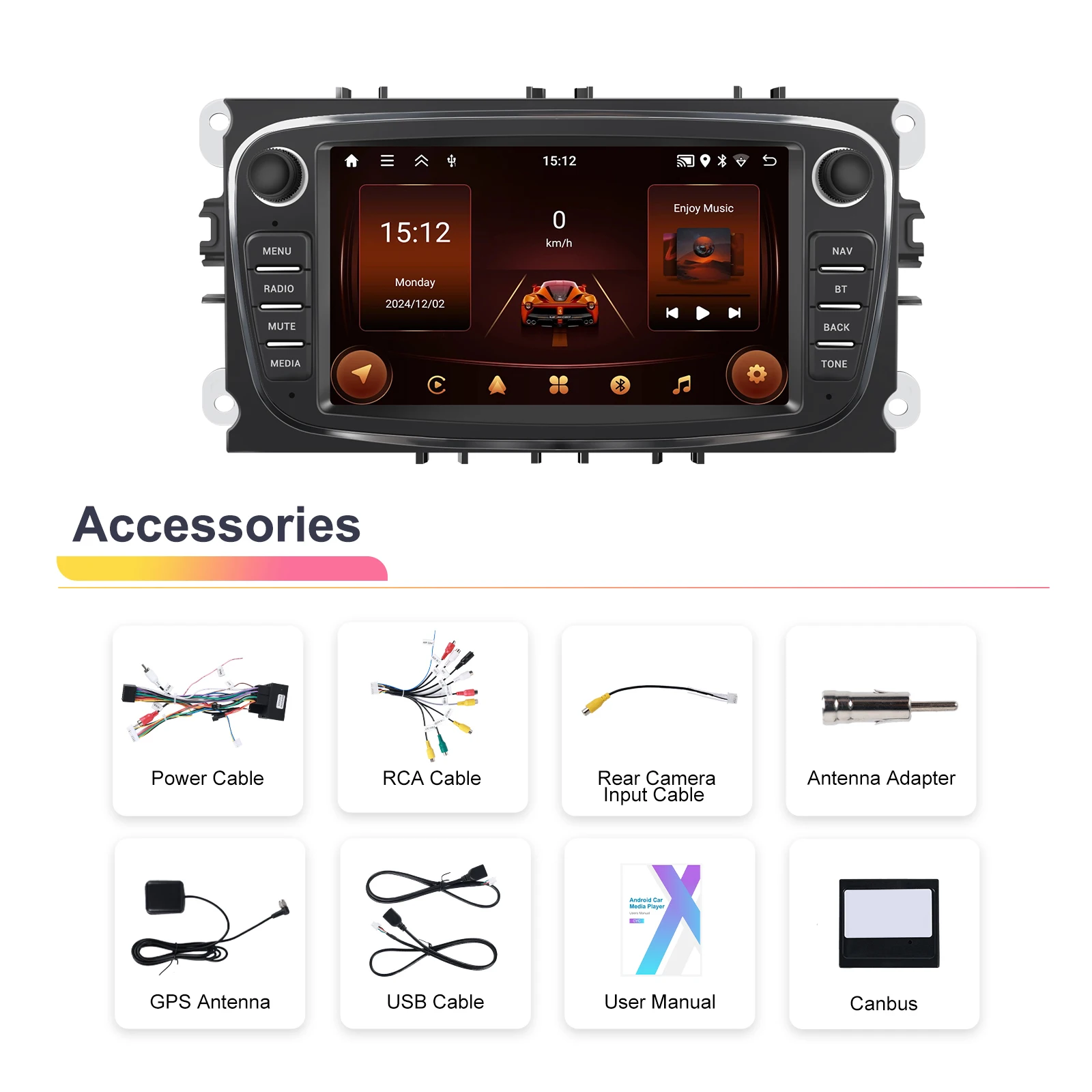 Podofo 2+64GB Wireless Carplay AndroidAuto Car Radio Car Video Player GPS For Ford Focus Mondeo C-MAx S-MAX Galaxy Il Kuga