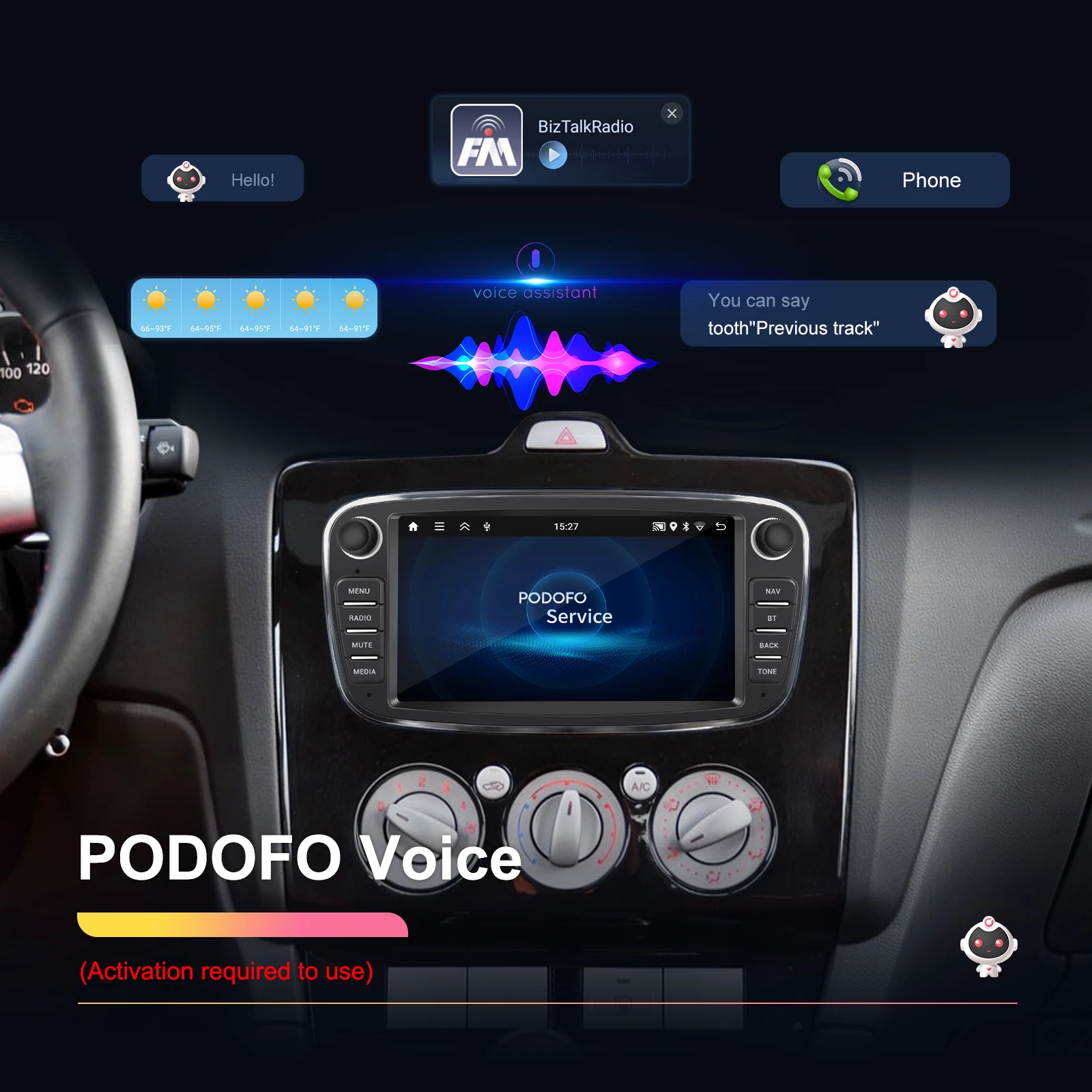 Podofo 2+64GB Wireless Carplay AndroidAuto Car Radio Car Video Player GPS For Ford Focus Mondeo C-MAx S-MAX Galaxy Il Kuga