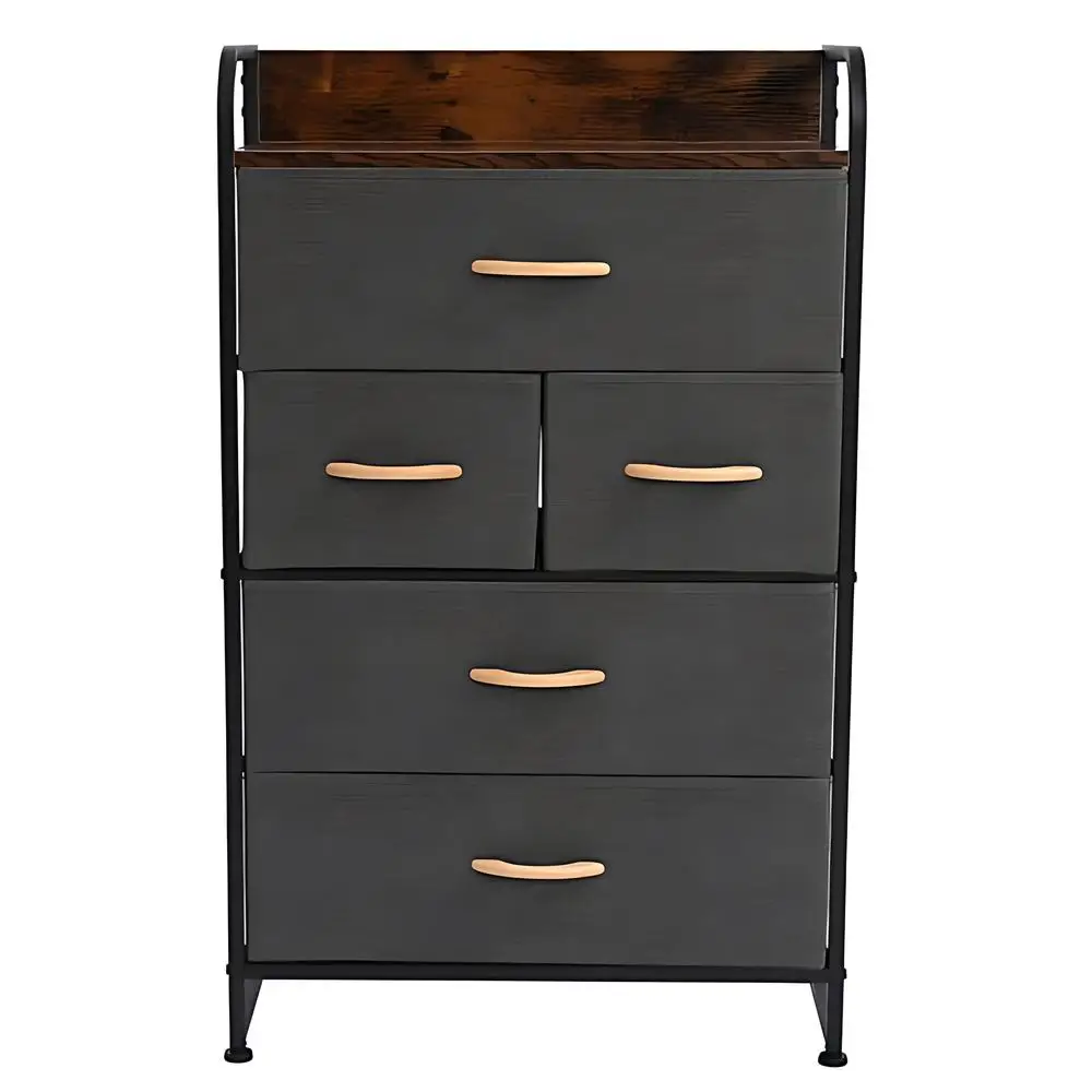 4-Tier Steel Frame Dresser Multi-Purpose Storage Rack Wood Top With Easy Pull Fabric Bins for Dorm Room Living Room Office, Grey