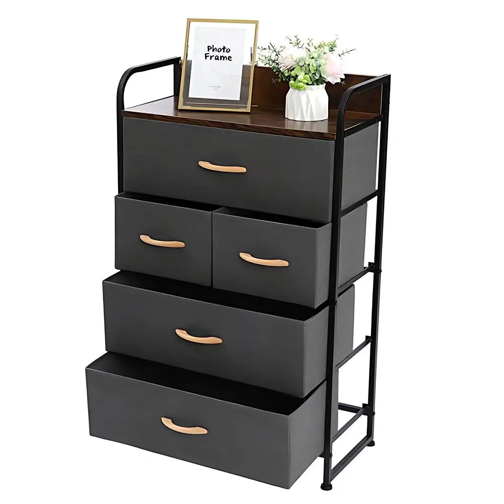 4-Tier Steel Frame Dresser Multi-Purpose Storage Rack Wood Top With Easy Pull Fabric Bins for Dorm Room Living Room Office, Grey