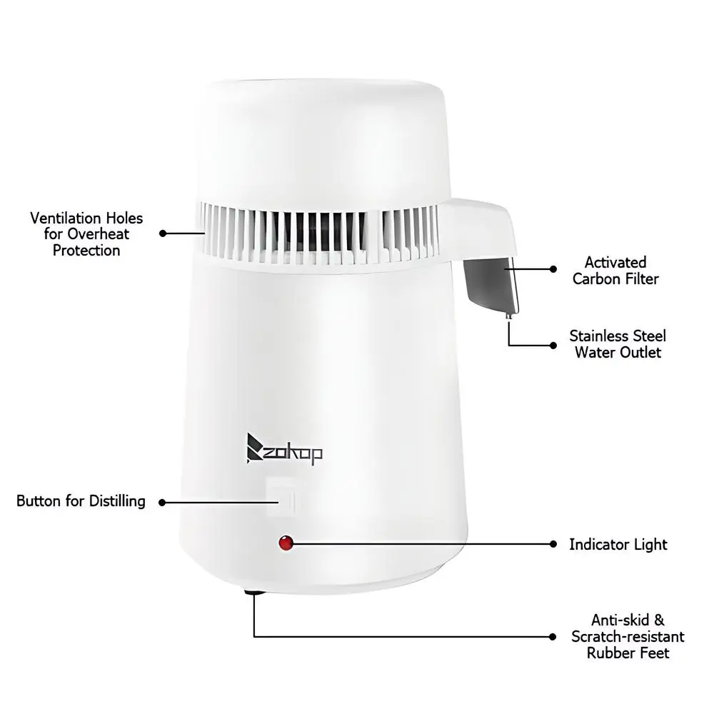 4L Countertop Home Water Distiller Machine With Activated Carbon Filter Food-grade 304 stainless steel Portable Distiller, White
