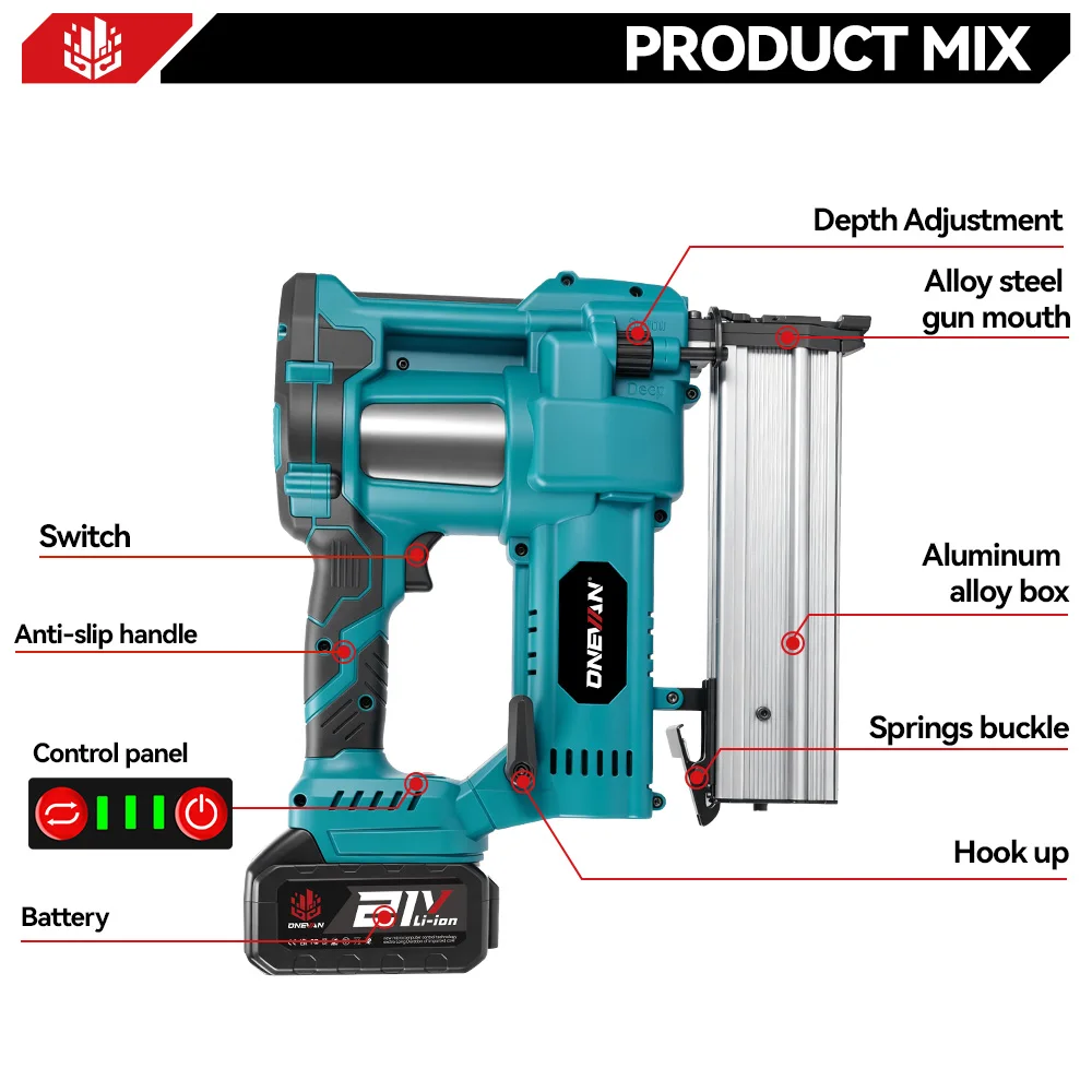 ONEVAN 2in1 Brushless Electric Nail Gun F15-F50 K410-K4 Cordless 2Gear Stapler Framing Nailer Power Tool For 21V 18V Battery