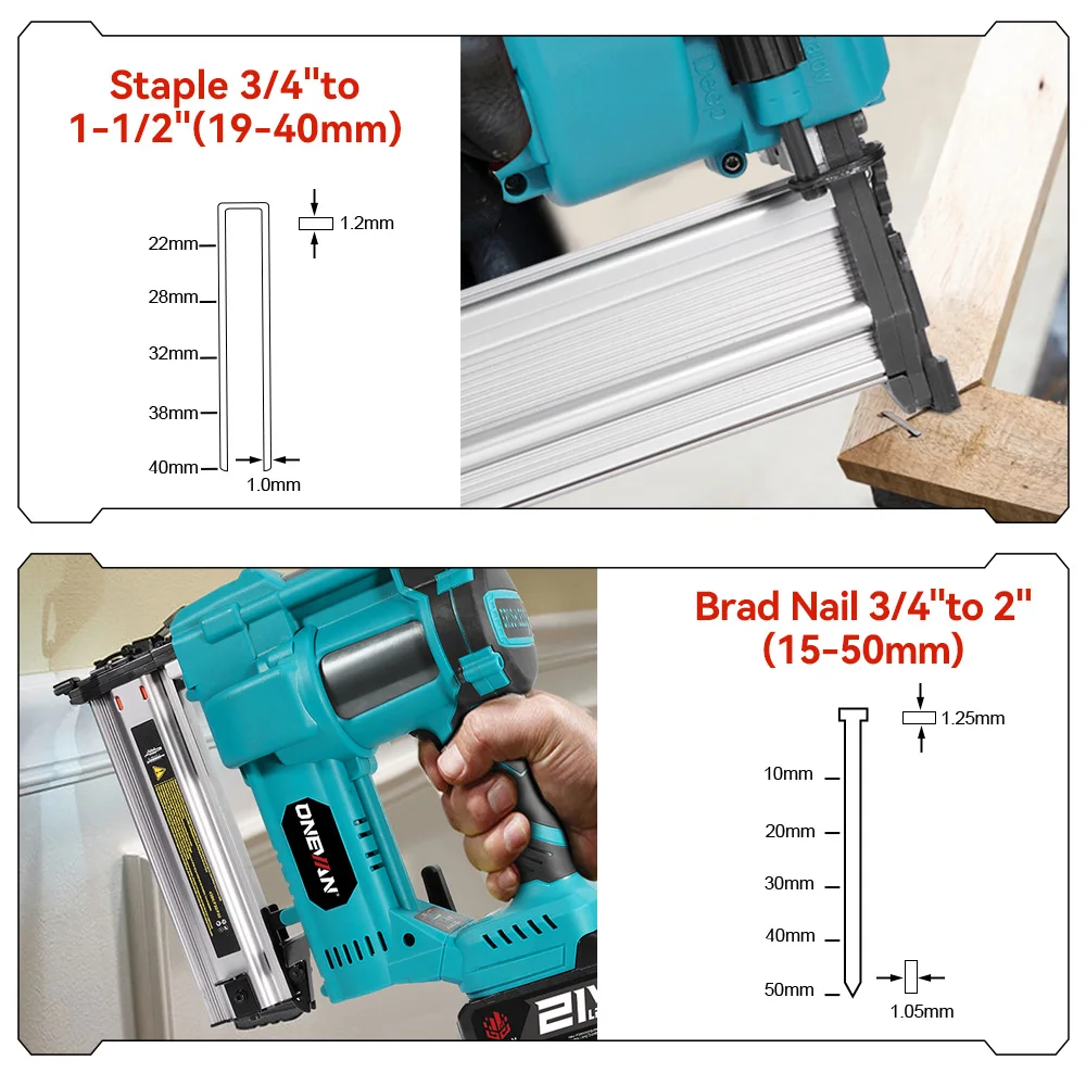 ONEVAN 2in1 Brushless Electric Nail Gun F15-F50 K410-K4 Cordless 2Gear Stapler Framing Nailer Power Tool For 21V 18V Battery