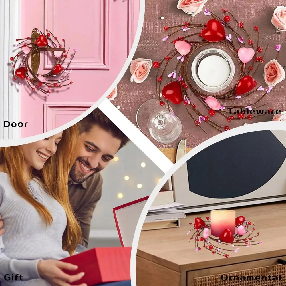 Candle Rings Wreaths Heart Berry Valentine's Day Garland Ornament Wreath Decorative Pillar Candle Rings Holiday Candle Rings For