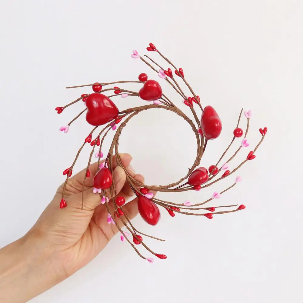 Candle Rings Wreaths Heart Berry Valentine's Day Garland Ornament Wreath Decorative Pillar Candle Rings Holiday Candle Rings For