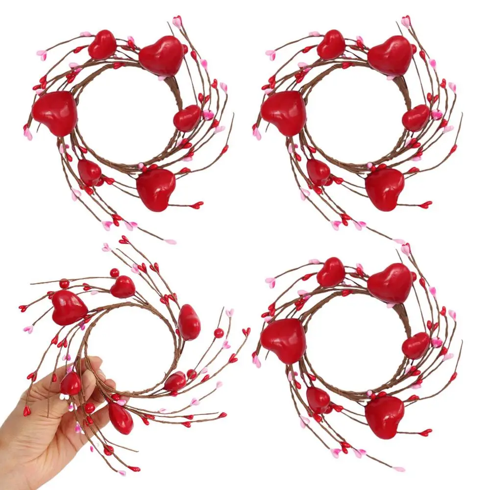 Candle Rings Wreaths Heart Berry Valentine's Day Garland Ornament Wreath Decorative Pillar Candle Rings Holiday Candle Rings For