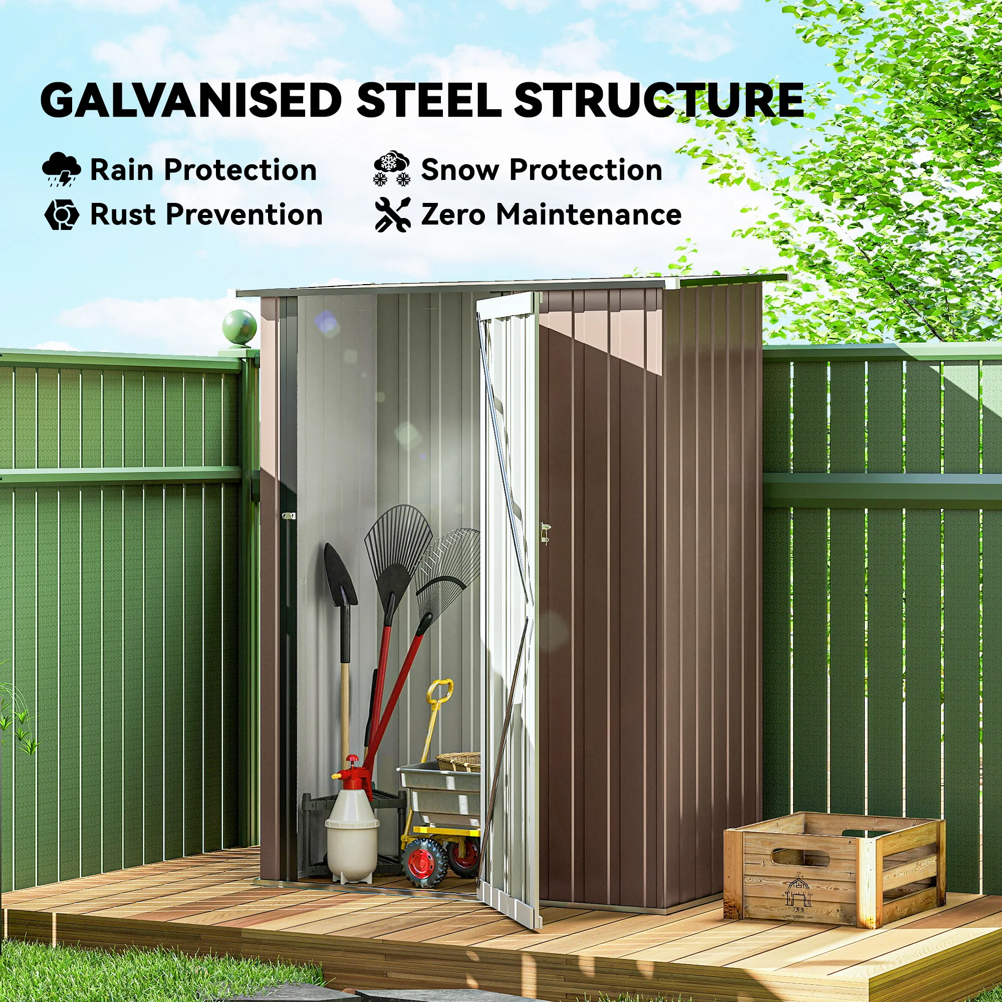 Outdoor Storage Shed Steel Garden Shed W/ Lockable Door for Backyard Brown