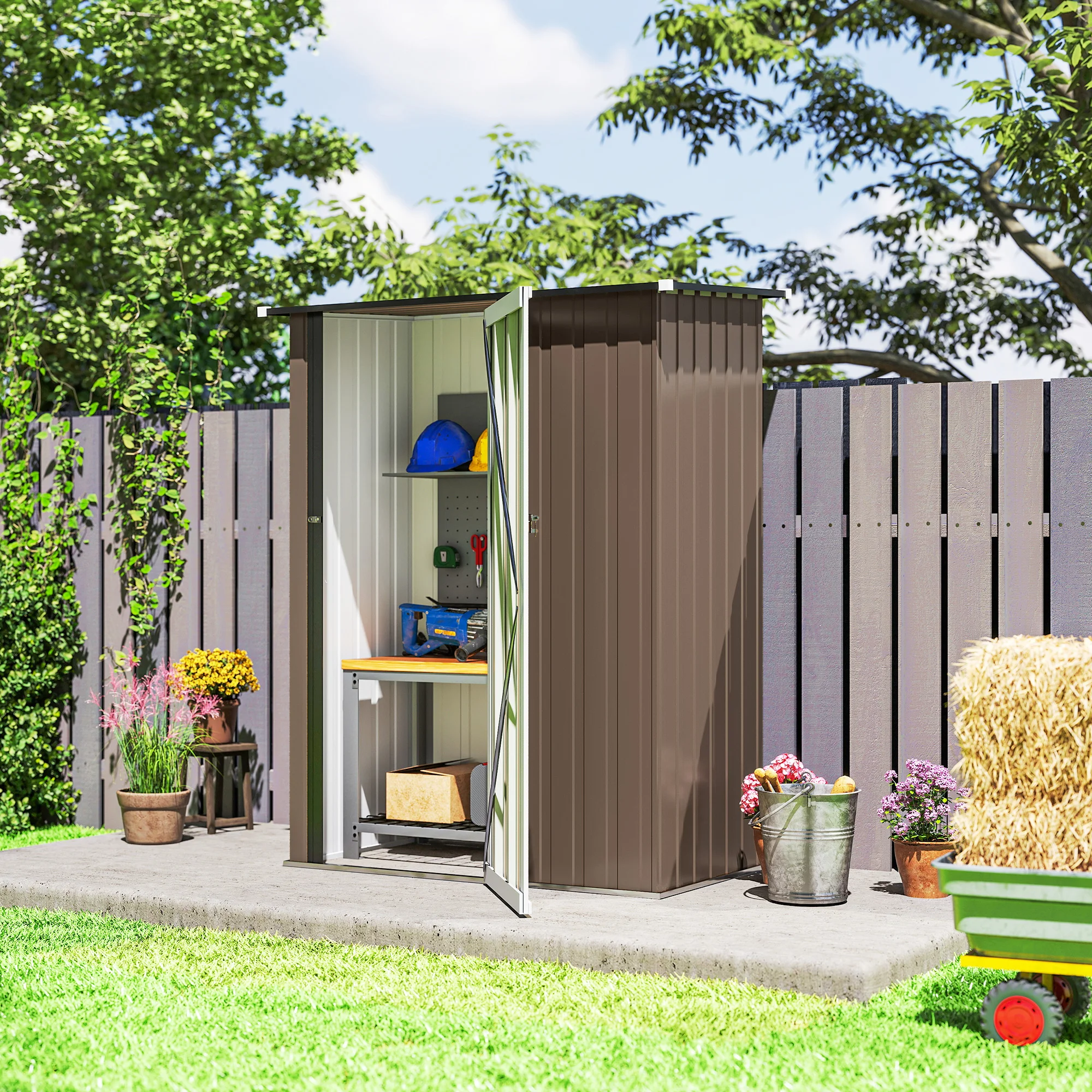 Outdoor Storage Shed Steel Garden Shed W/ Lockable Door for Backyard Brown