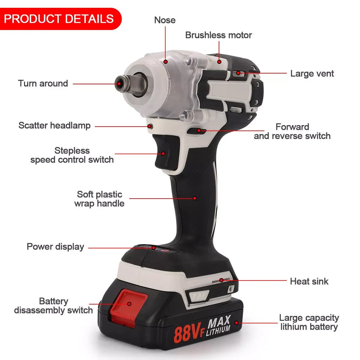580NM Cordless Electric Impact Wrench 1/2 inch Power Tools Compatible Makita 21V 1/2PCS Battery Wrench with Toolbox Set