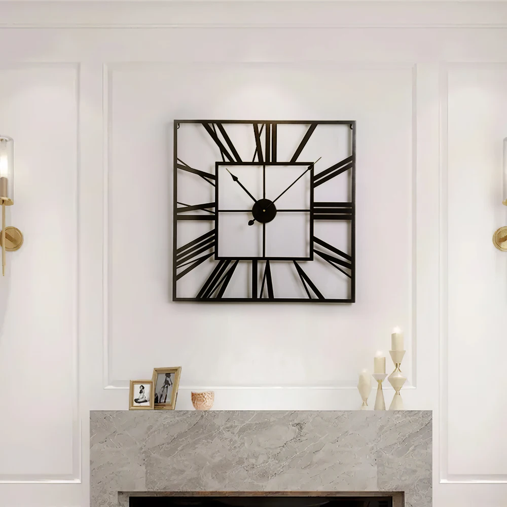 【Lifeideas】Modern 3D Large Wall Clock Roman Numeral Retro Square Decor Silent Clock Nordic Restaurant Living Room Decoration A