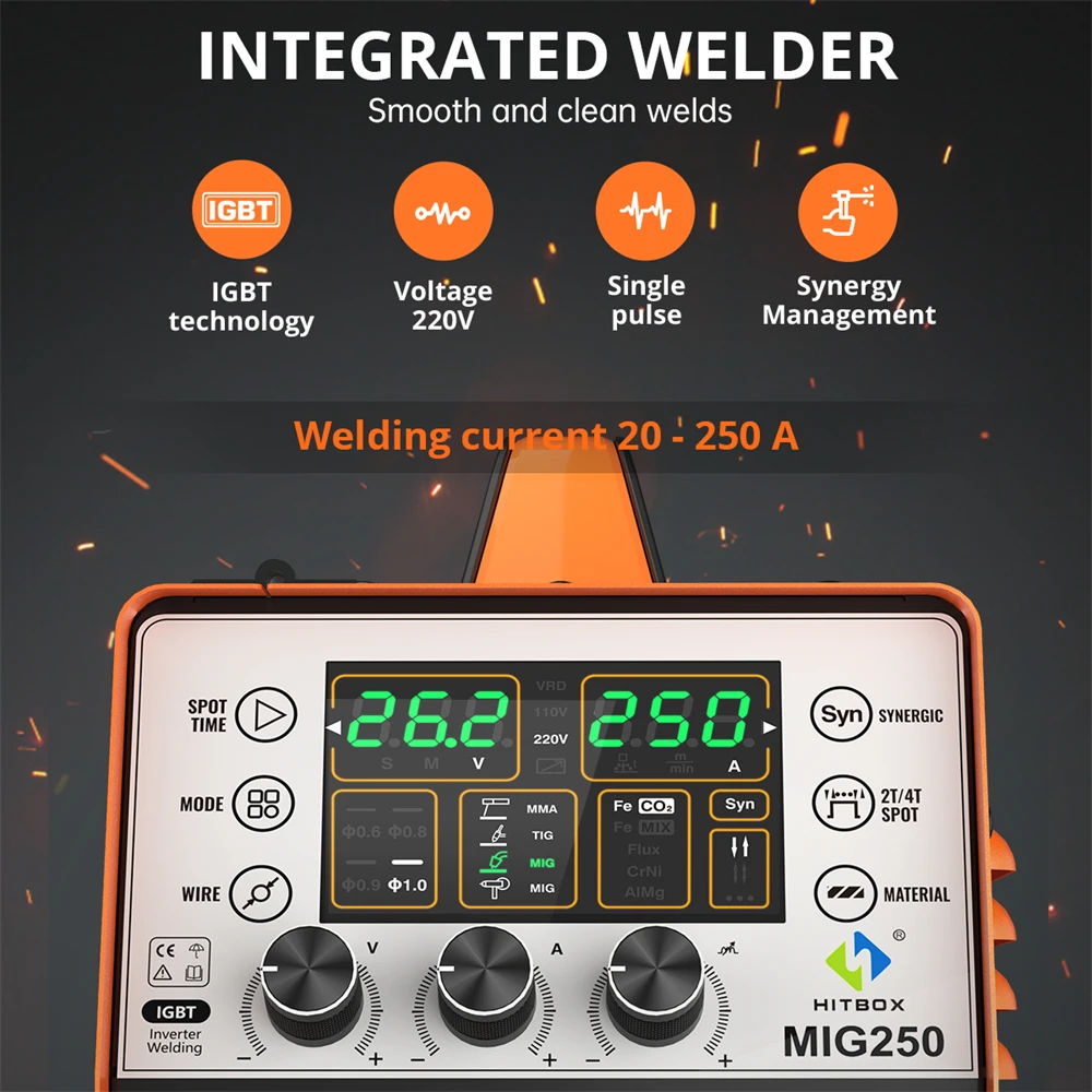 HITBOX 250A 6 in 1 Aluminum Welding Machine ARC MMA/MIG Gas Gasless/Lift TIG 2T 4T IGBT Inverter Semi-Automatic MIG Welder