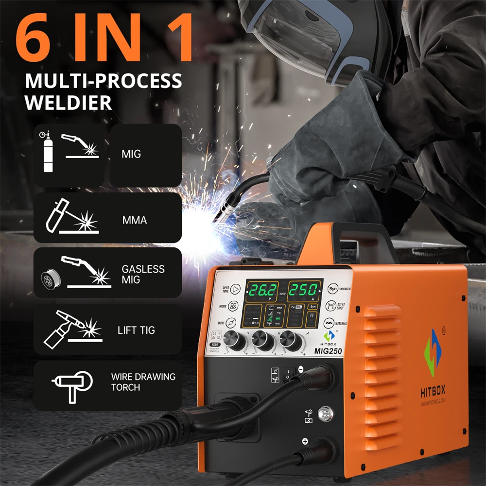 HITBOX 250A 6 in 1 Aluminum Welding Machine ARC MMA/MIG Gas Gasless/Lift TIG 2T 4T IGBT Inverter Semi-Automatic MIG Welder