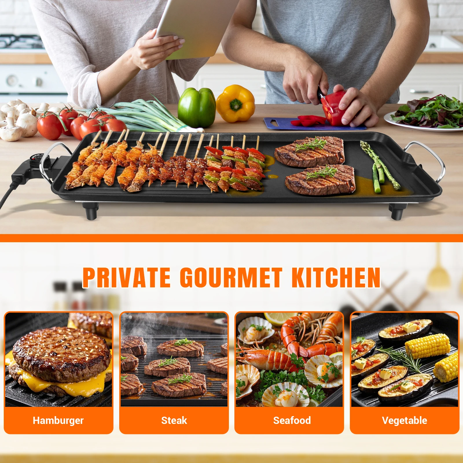 Portable Electric Countertop Grill, Nonstick Iron Grill Plate Extra Smokeless Grill Plate for Party Camping Holiday Cooking