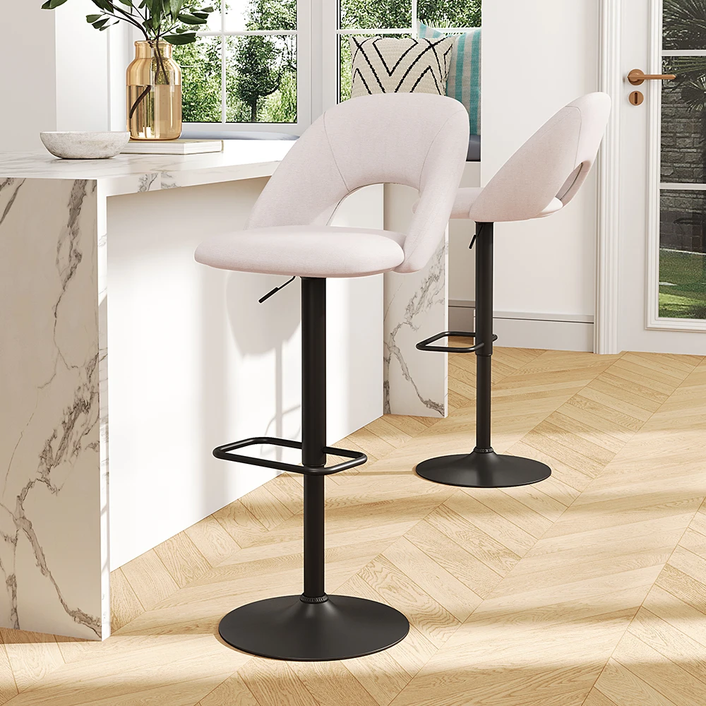 2-Pcs Linen Counter Swivel Height Breakfast Bar Stools with Footrest Backrest, Height Adjustable Dining Room High Chair
