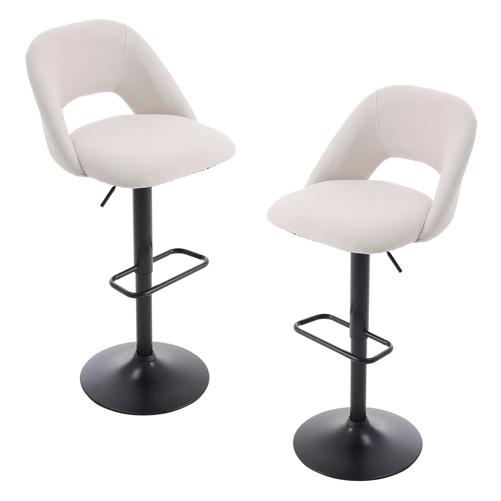 2-Pcs Linen Counter Swivel Height Breakfast Bar Stools with Footrest Backrest, Height Adjustable Dining Room High Chair