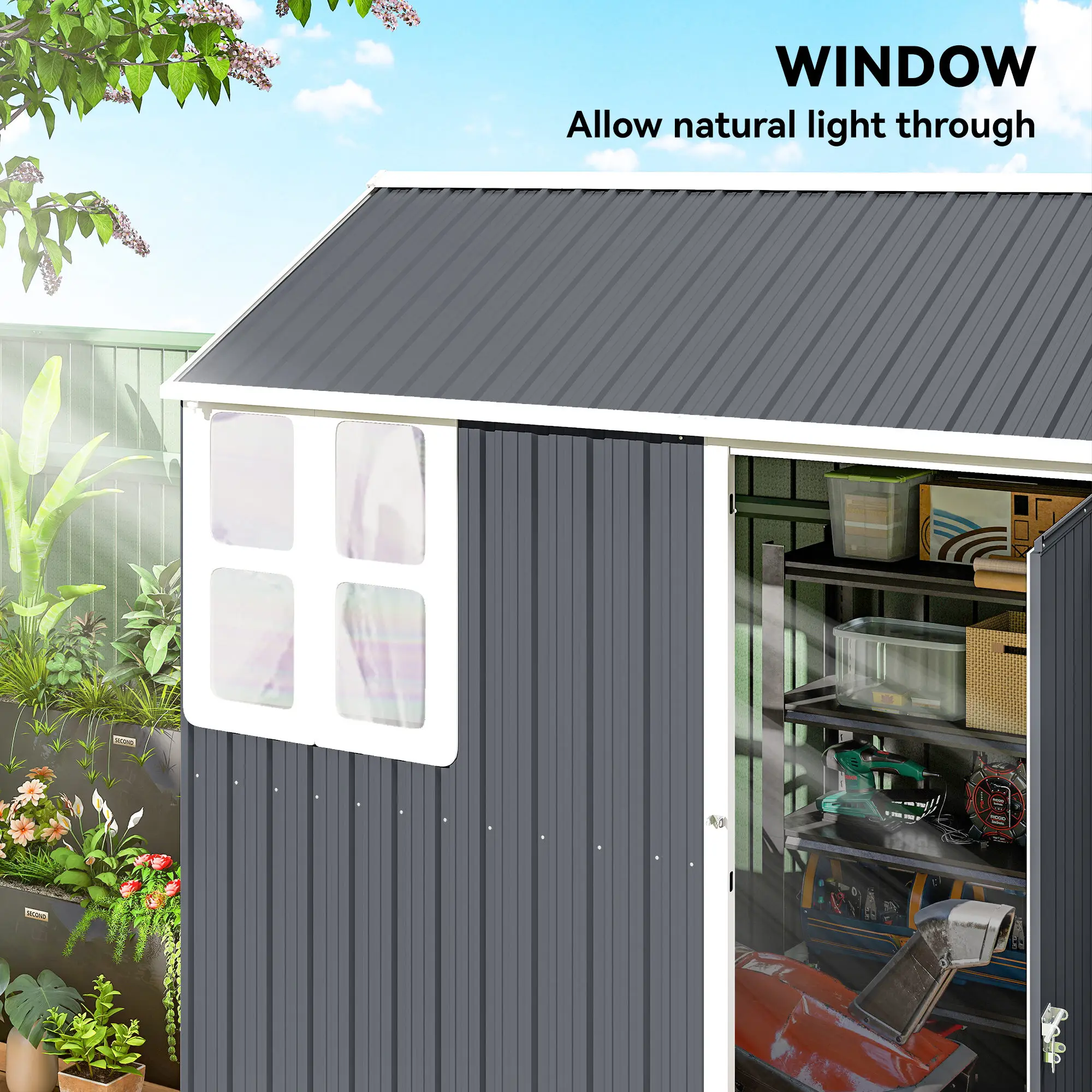 7 X 6 ft Metal Garden Shed Outdoor Storage Shed W/ Door Sloped Roof, Dark Gray