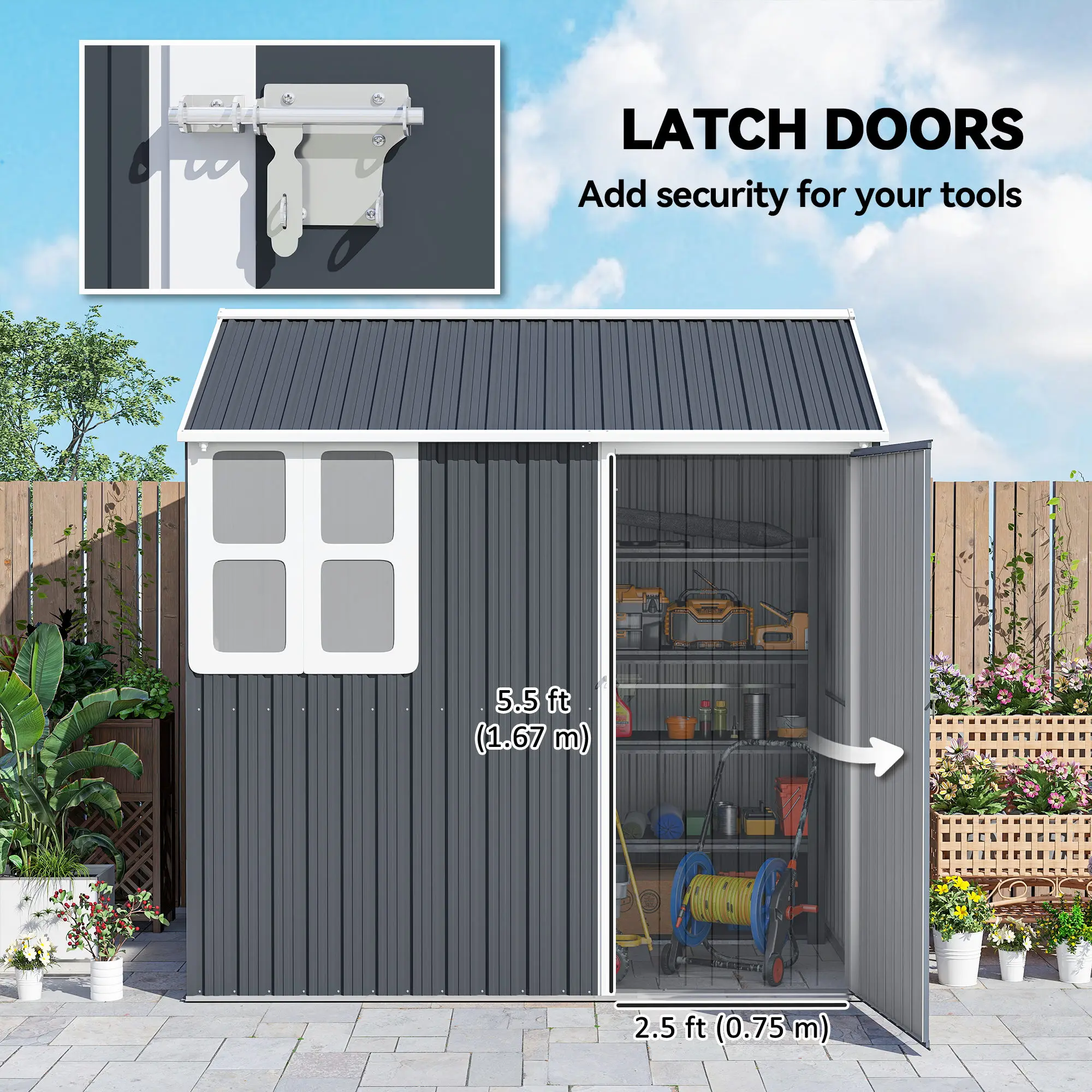 7 X 6 ft Metal Garden Shed Outdoor Storage Shed W/ Door Sloped Roof, Dark Gray