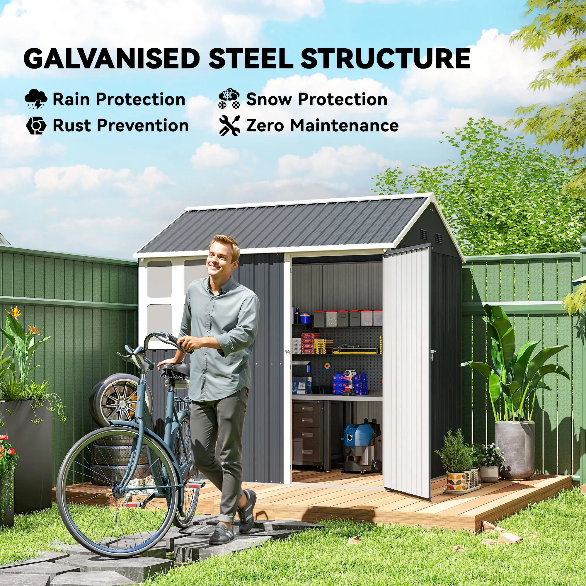 7 X 6 ft Metal Garden Shed Outdoor Storage Shed W/ Door Sloped Roof, Dark Gray