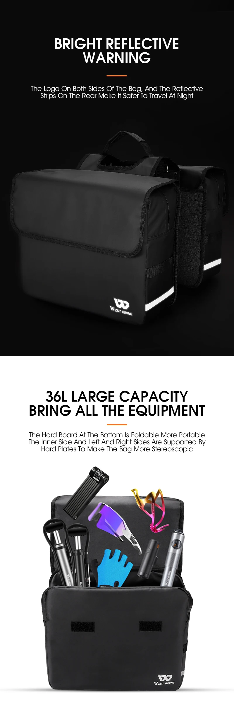 WEST BIKING Waterproof Bike Panniers Bag 36L Large Capacity Bicycle Trunk Bag Luggage Carrier MTB Rear Rack Bags For Travel