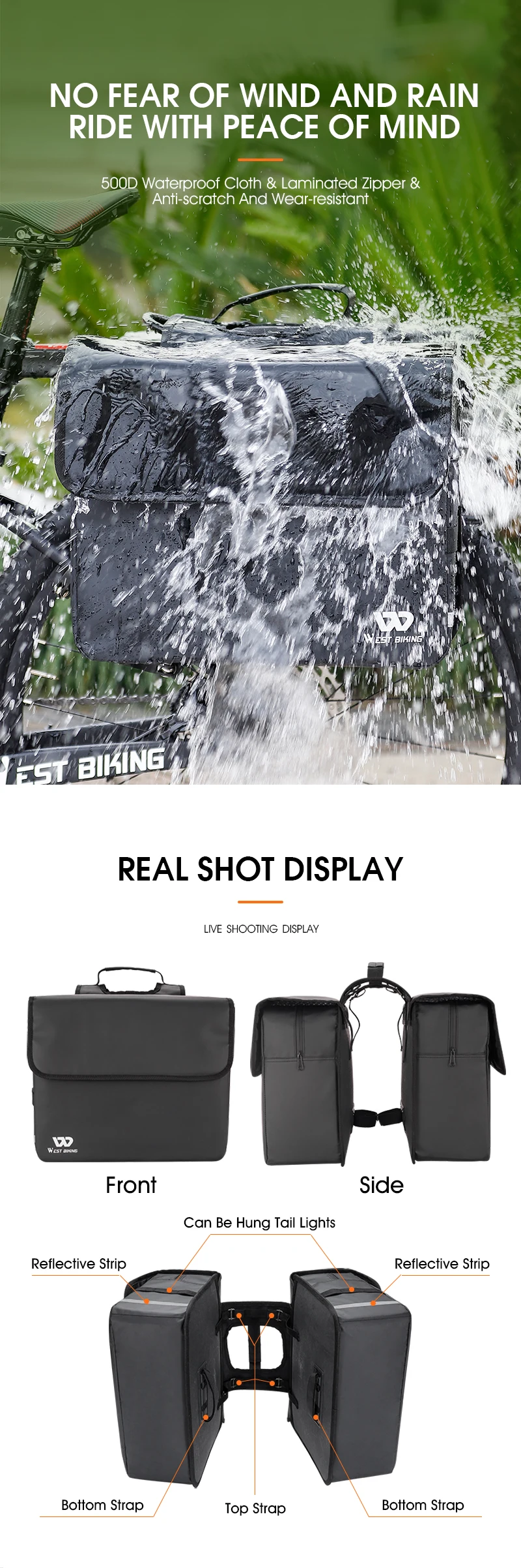 WEST BIKING Waterproof Bike Panniers Bag 36L Large Capacity Bicycle Trunk Bag Luggage Carrier MTB Rear Rack Bags For Travel