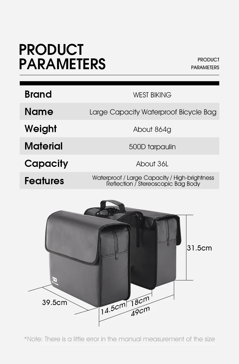 WEST BIKING Waterproof Bike Panniers Bag 36L Large Capacity Bicycle Trunk Bag Luggage Carrier MTB Rear Rack Bags For Travel