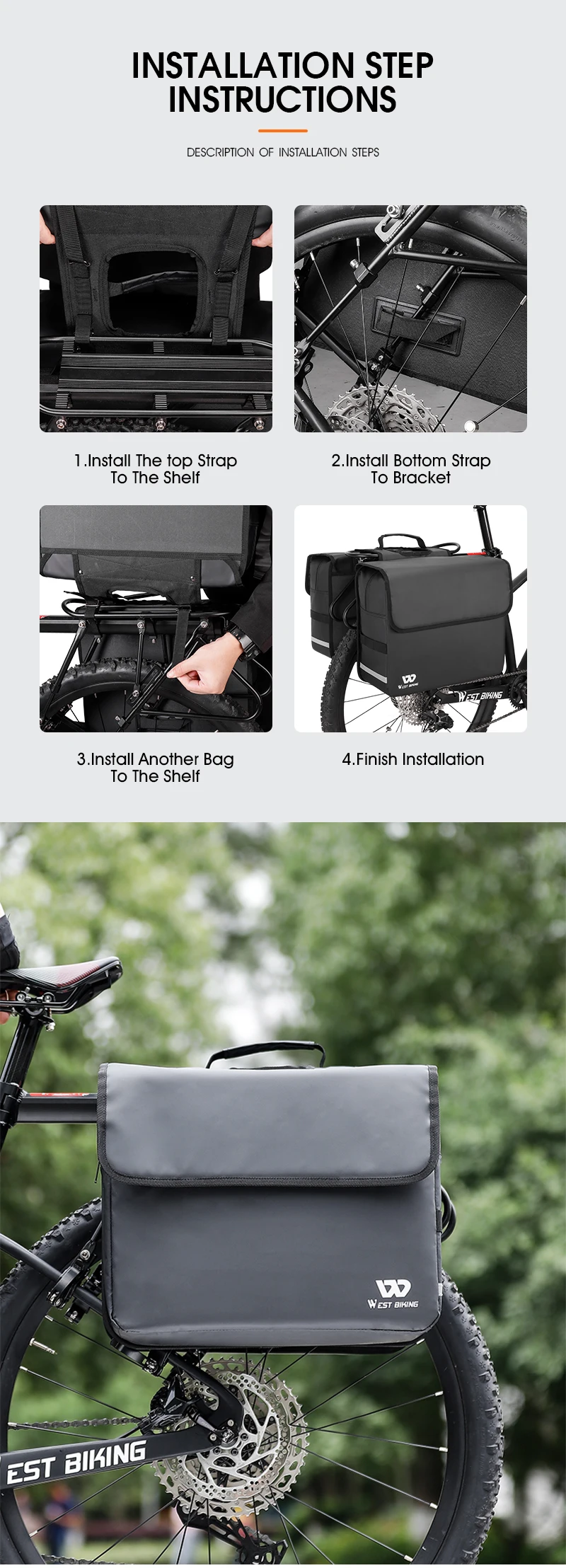 WEST BIKING Waterproof Bike Panniers Bag 36L Large Capacity Bicycle Trunk Bag Luggage Carrier MTB Rear Rack Bags For Travel