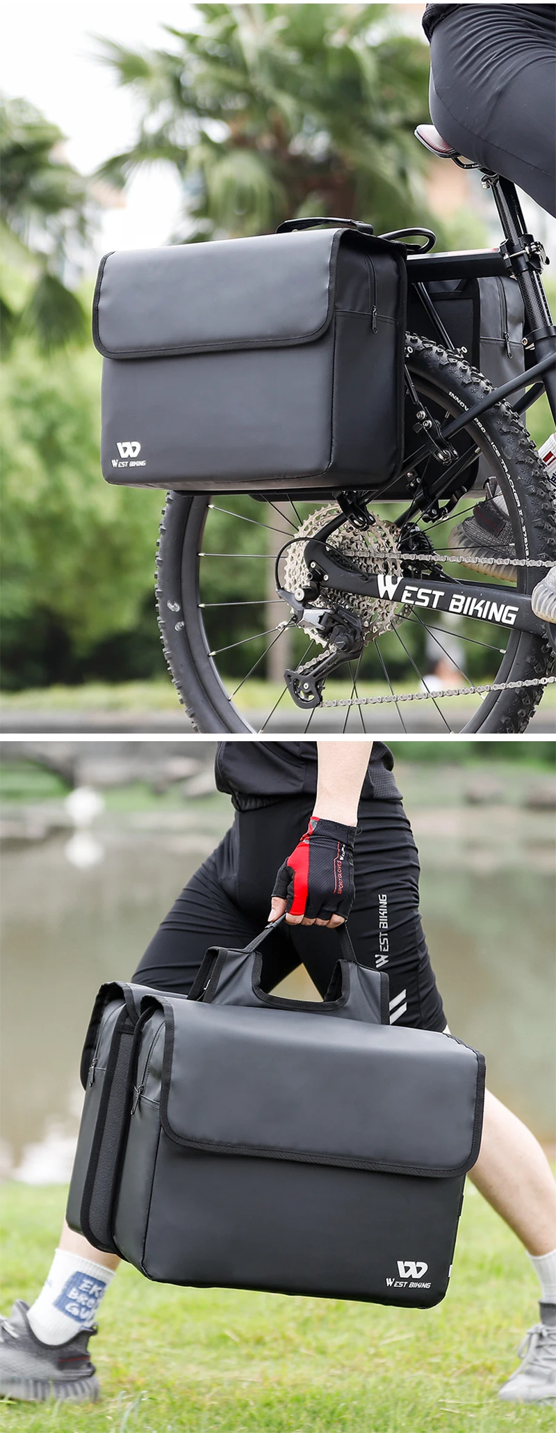WEST BIKING Waterproof Bike Panniers Bag 36L Large Capacity Bicycle Trunk Bag Luggage Carrier MTB Rear Rack Bags For Travel