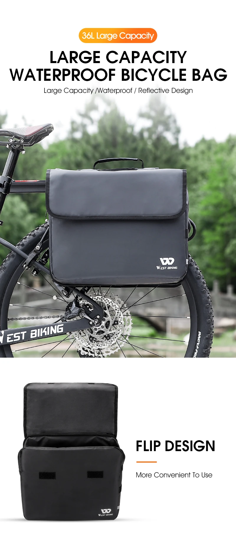 WEST BIKING Waterproof Bike Panniers Bag 36L Large Capacity Bicycle Trunk Bag Luggage Carrier MTB Rear Rack Bags For Travel