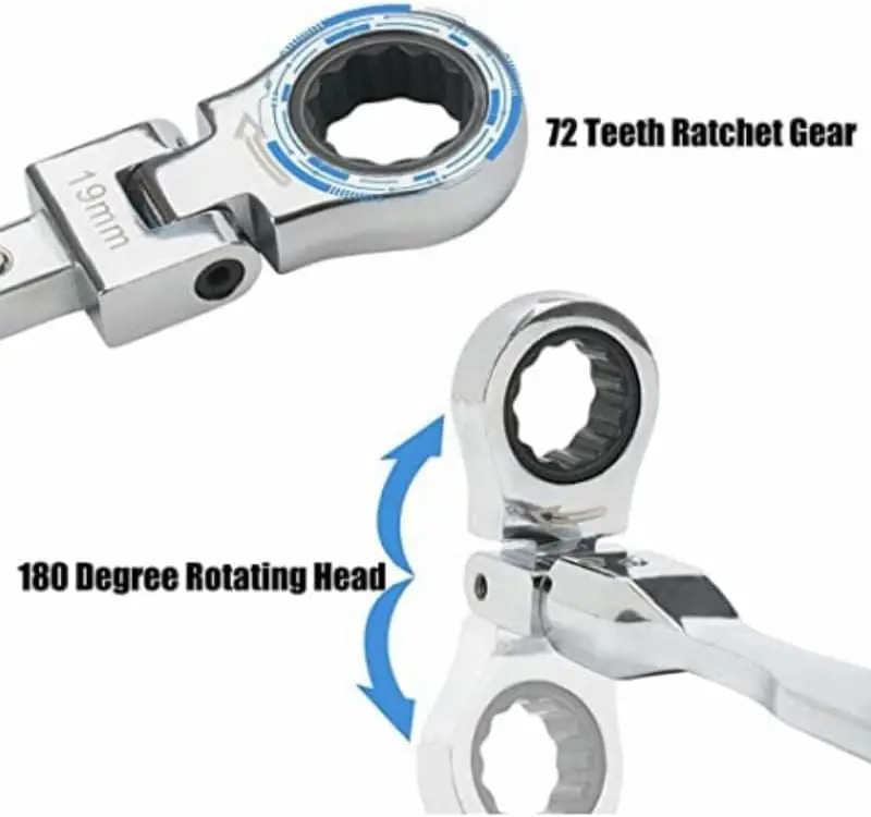 8mm-19mm Metric Replaceable Diameter One-Way Ratchet Heads, 20 Piece Flex Head Ratchet Wrench Set, Combination Ended Spanner Kit