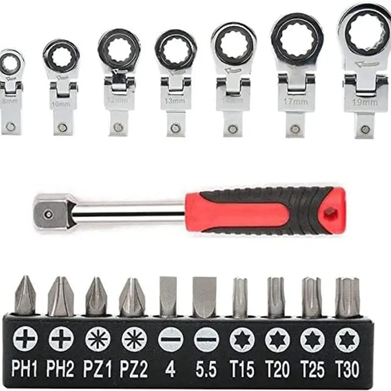 8mm-19mm Metric Replaceable Diameter One-Way Ratchet Heads, 20 Piece Flex Head Ratchet Wrench Set, Combination Ended Spanner Kit