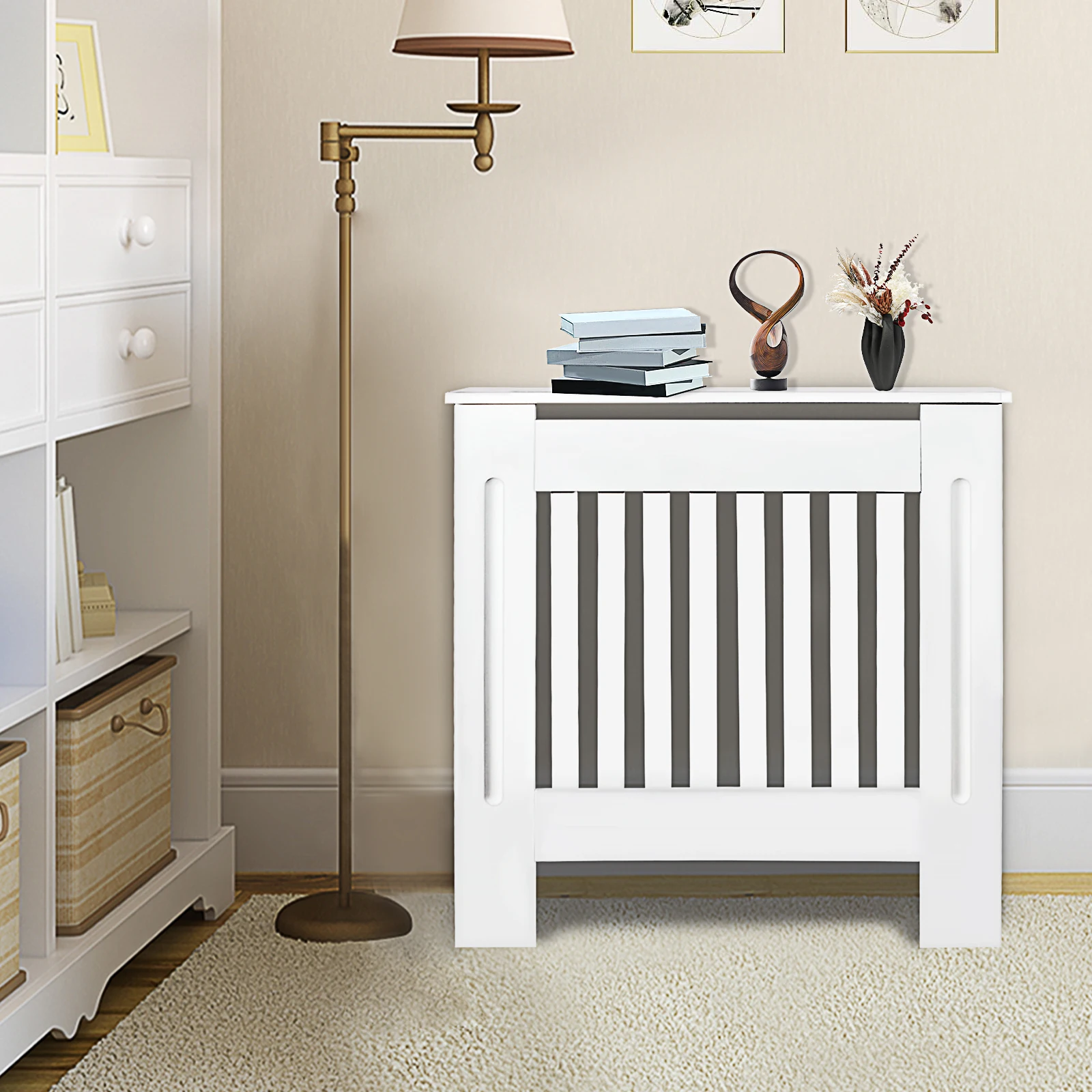 BRIEFNESS Radiator Cover White Painted MDF Cabinet Heater Cover Mounted on Wooden For Living Room Hallway Heater Cover Decoration