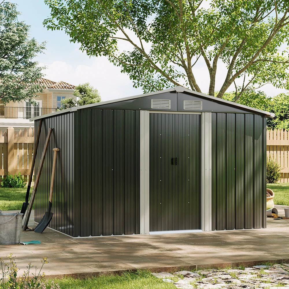Large Heavy-Duty Metal Garden Tool Storage Shed, Weatherproof Steel Construction, Rust/UV/Water-Resistant, Foundation Included