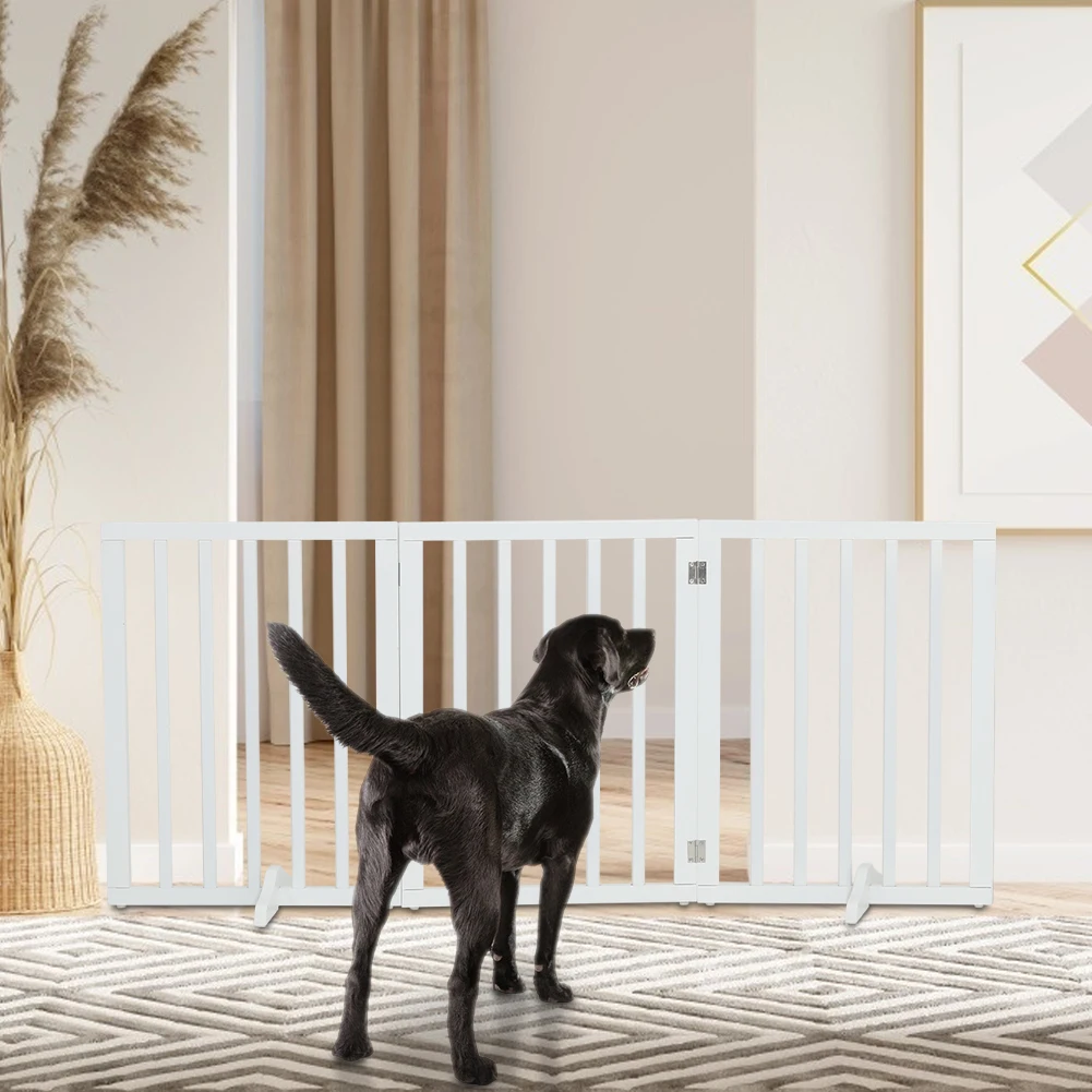 Voltsify Wooden Foldable Freestanding Panel Pet Gate, White & Grey for Entryways Halls Bedrooms