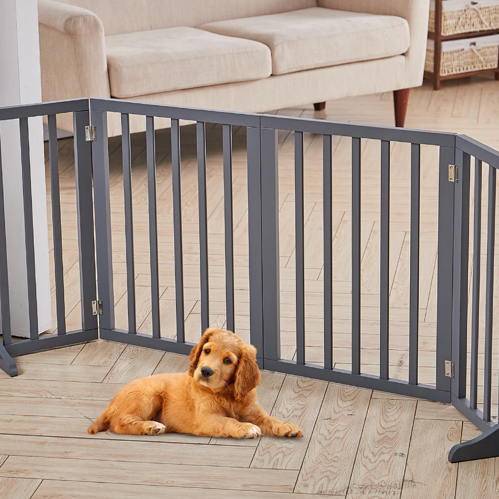 Voltsify Wooden Foldable Freestanding Panel Pet Gate, White & Grey for Entryways Halls Bedrooms
