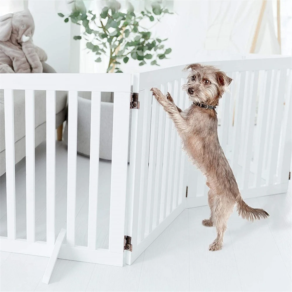 Voltsify Wooden Foldable Freestanding Panel Pet Gate, White & Grey for Entryways Halls Bedrooms