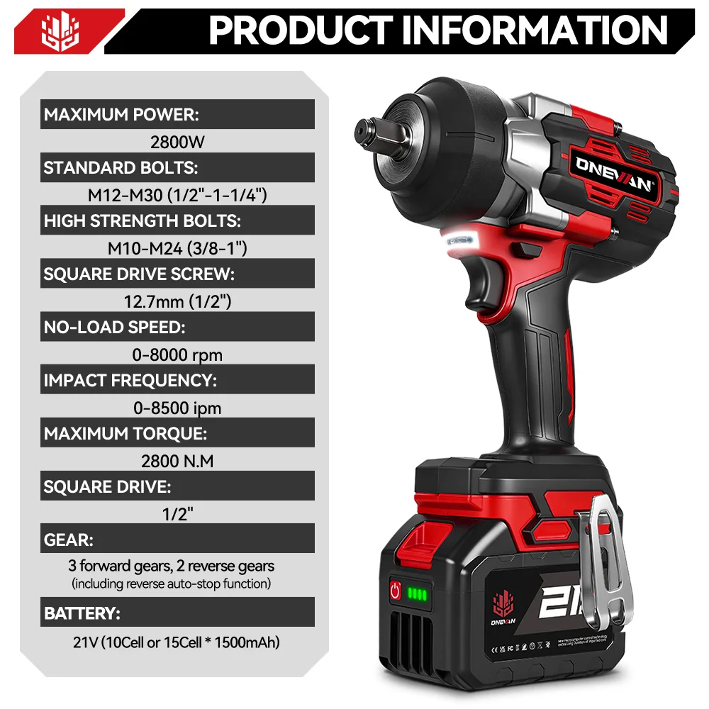 ONEVAN 2800N.M Brushless Electric Impact Wrench 1/2 Inch Cordless Torque Wrench Drill Power Tool For Makita 18V Battery Pin