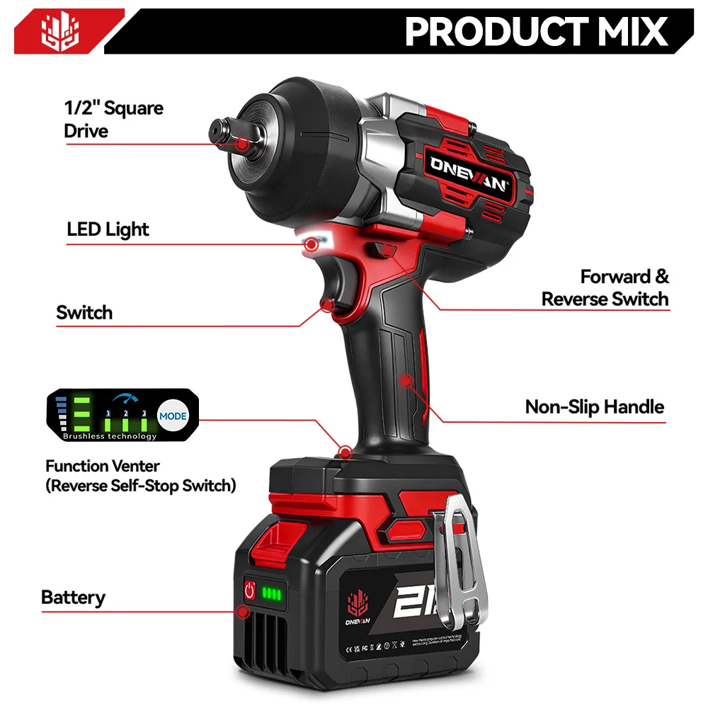 ONEVAN 2800N.M Brushless Electric Impact Wrench 1/2 Inch Cordless Torque Wrench Drill Power Tool For Makita 18V Battery Pin