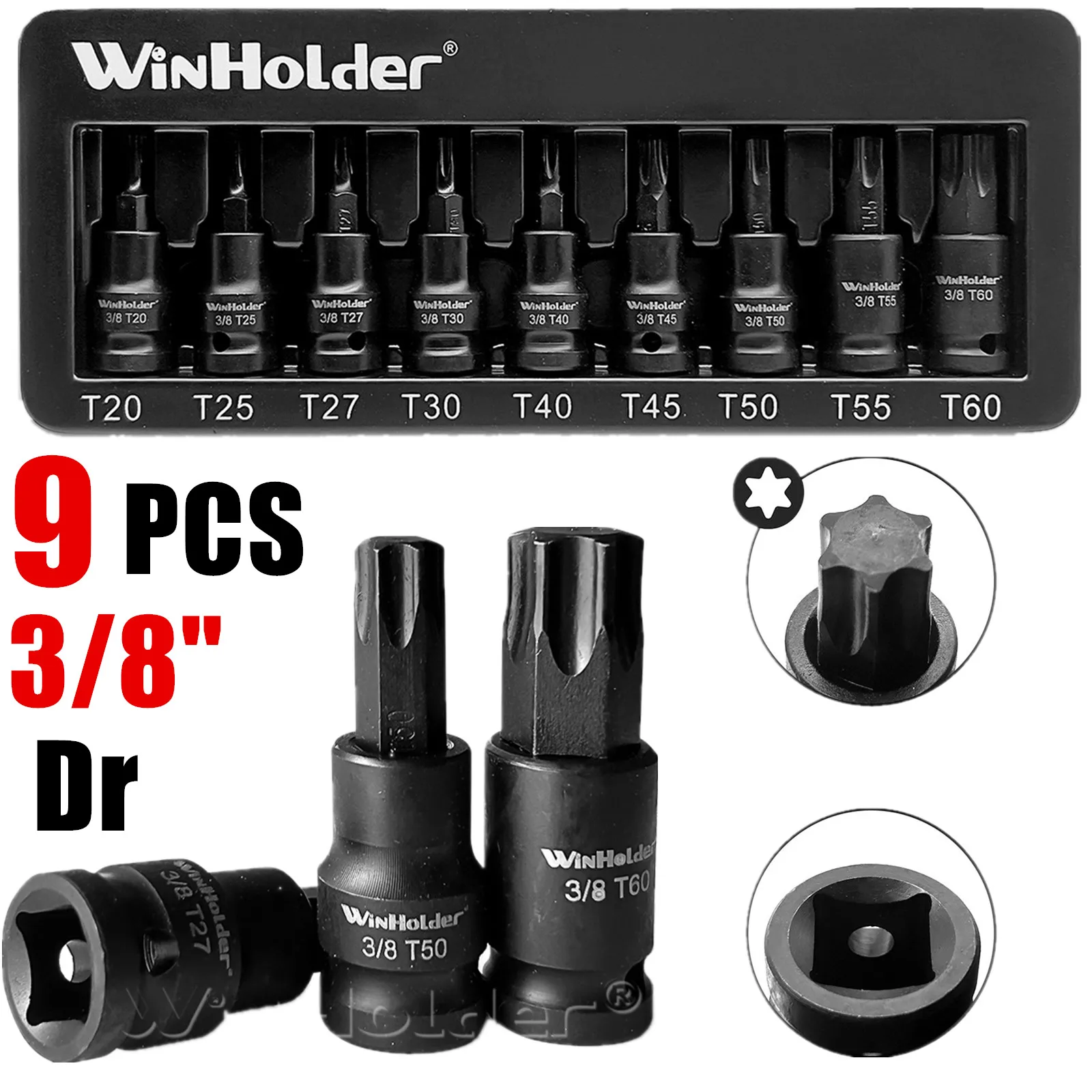 WinHolder 9PCS IMPACT TORX Star BIT Sockets Set 3/8" T20 T25 T27 T30 T40 T45 T50 T55 T60 For Most Auto Industrial Application