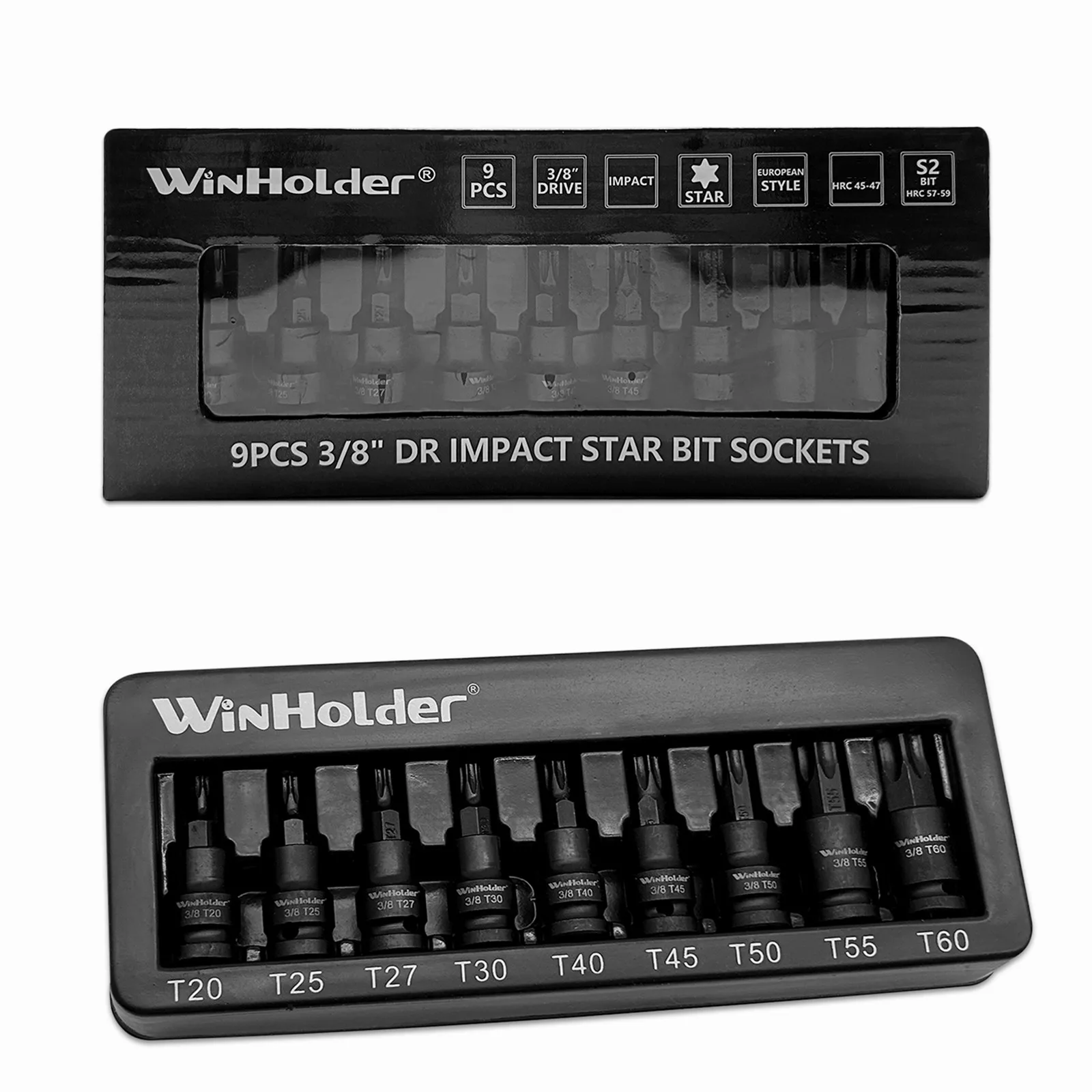 WinHolder 9PCS IMPACT TORX Star BIT Sockets Set 3/8" T20 T25 T27 T30 T40 T45 T50 T55 T60 For Most Auto Industrial Application